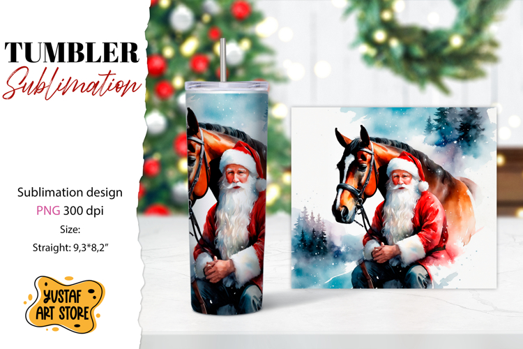 Christmas tumbler sublimation.Santa Claus and horse tumbler