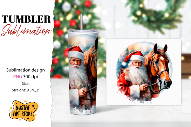 Christmas tumbler sublimation.Santa Claus and horse tumbler