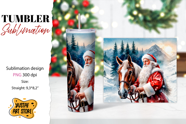 Christmas tumbler sublimation.Santa Claus and horse tumbler