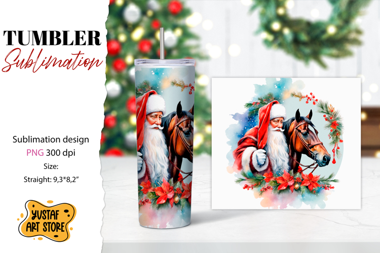 Christmas tumbler sublimation.Santa Claus and horse tumbler