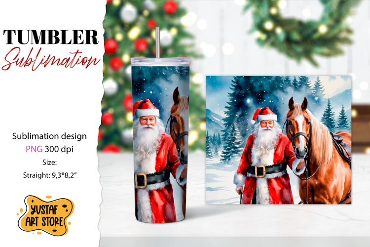 Christmas tumbler sublimation.Santa Claus and horse tumbler