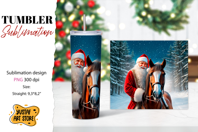 Christmas tumbler sublimation.Santa Claus and horse tumbler