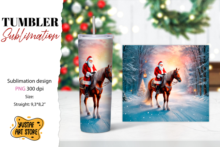 Christmas tumbler sublimation.Santa Claus and horse tumbler