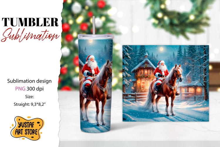 Christmas tumbler sublimation.Santa Claus and horse tumbler