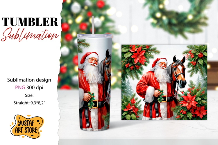 Christmas tumbler sublimation.Santa Claus and horse tumbler
