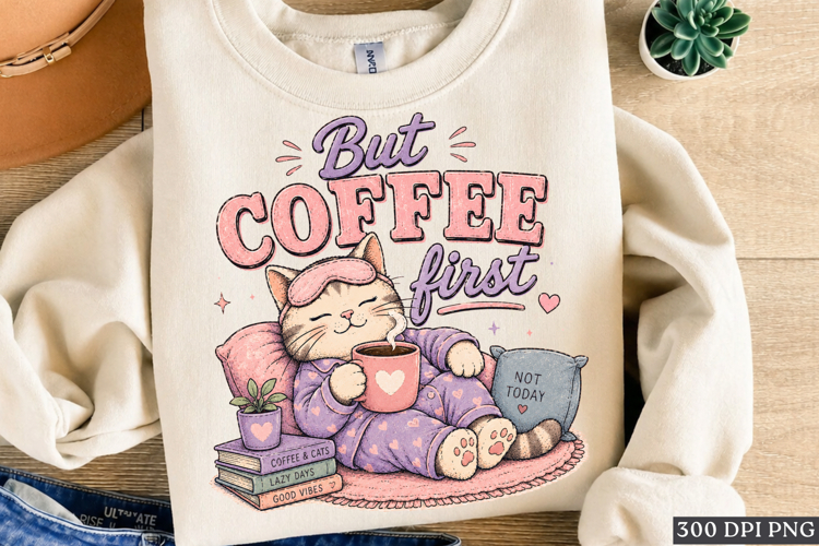 But Coffee First Cat PNG Cozy Pajama Kitty Design