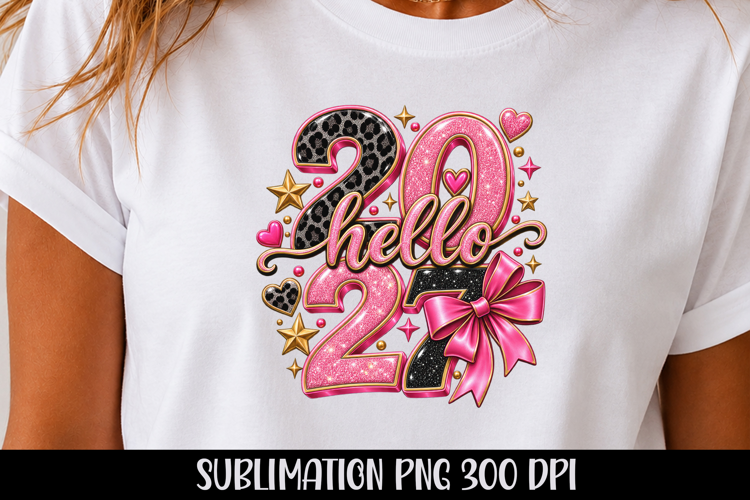 Hello New Year 2027 Pink Leopard Glitter Bow Sublimation PNG