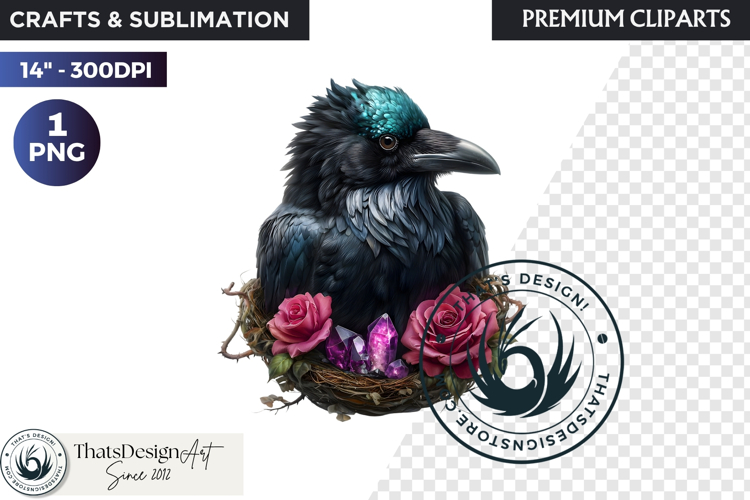 Floral Ravens Fantasy clipart, Gothic Botanical Bird Graphic