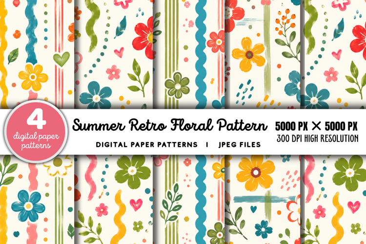 Summer Retro Floral Digital Paper JPG