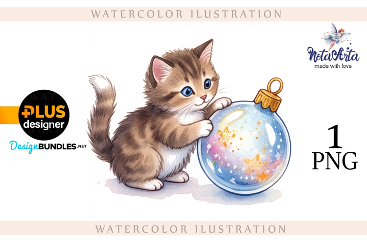 Christmas Kitten in Watercolor Style