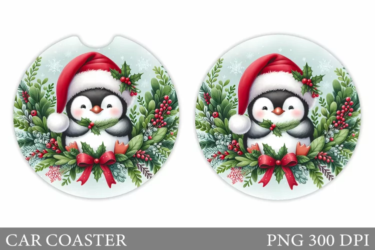 Cute Penguin Car Coaster. Christmas Car Coaster Design