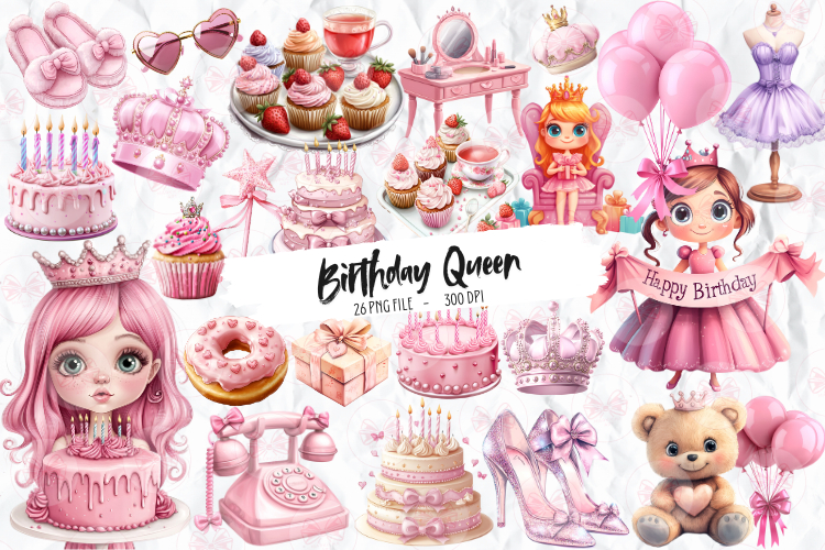 Birthday Coquette Queen Clipart, Set of 26 Png Bundle example image 1
