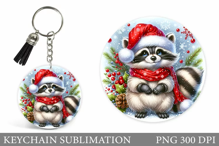 Christmas Raccoon Keychain. Christmas Keychain Sublimation