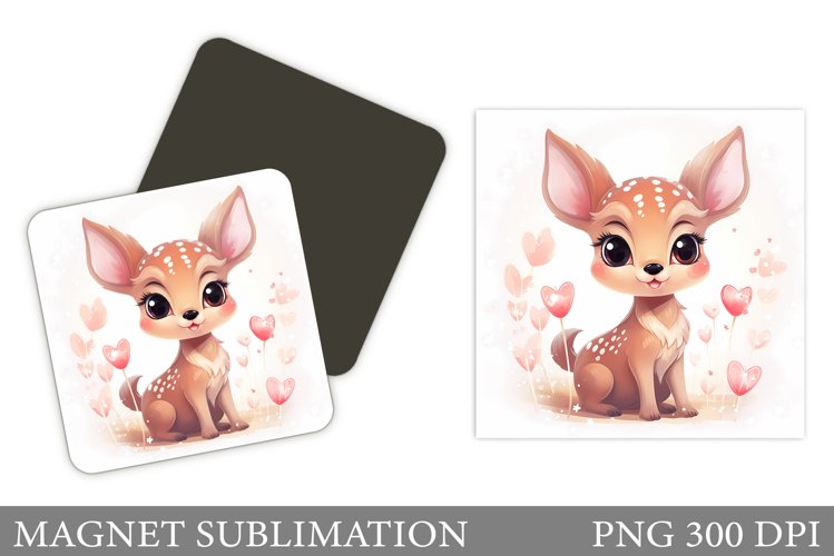 Valentines Deer Square Magnet. Cute Deer Magnet Sublimation example image 1