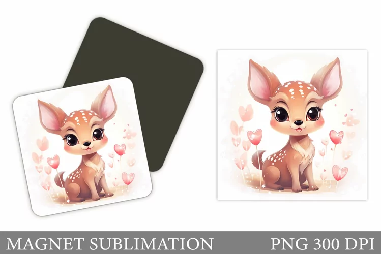 Valentines Deer Square Magnet. Cute Deer Magnet Sublimation