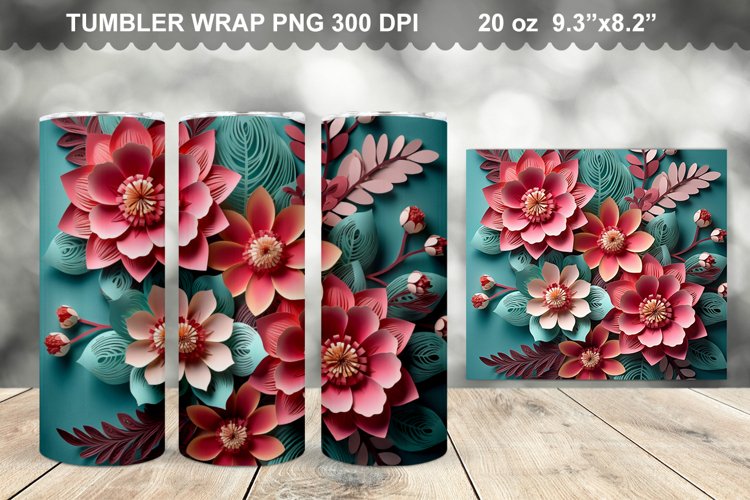 Colorful 3D Teal Pink Flowers Tumbler Design example image 1