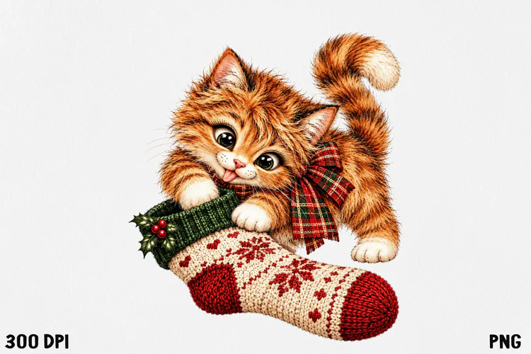 Cute Christmas Cat Clipart PNG | Whimsical Holiday Kitty