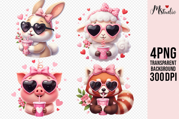 Cute Valentine Animals with Pink Heart Drinks PNG