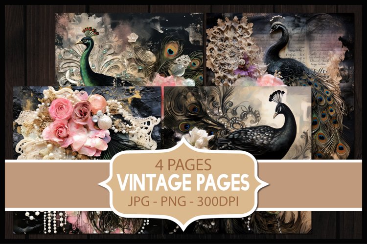 4 Vintage Peacock Digital Papers I Junk Journal Pages