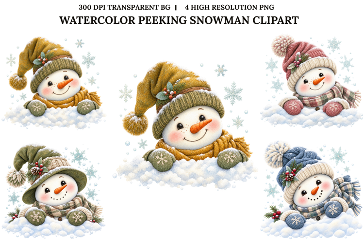 Peeking Snowman Watercolor Christmas Sublimation PNG
