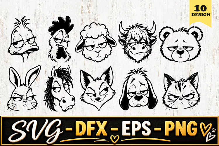 Grumpy Animal Faces Cartoon SVG PNG