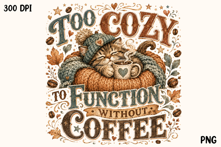 Too Cozy to Function Without Coffee Cute Cat PNG