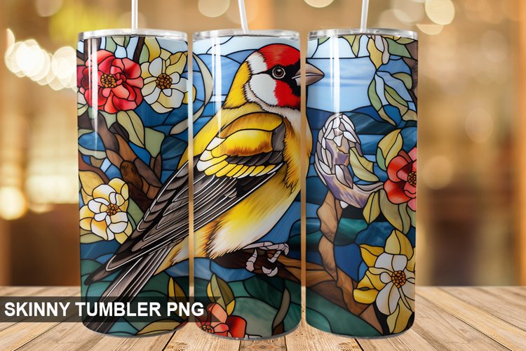 Stained Glass Embroidered Goldfinch PNG Tumbler Design