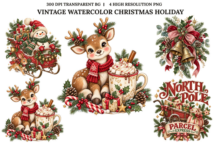 Vintage Christmas Reindeer Snowman Holiday Watercolor PNG example image 1