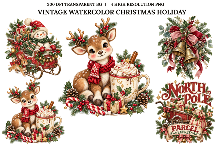 Vintage Christmas Reindeer Snowman Holiday Watercolor PNG