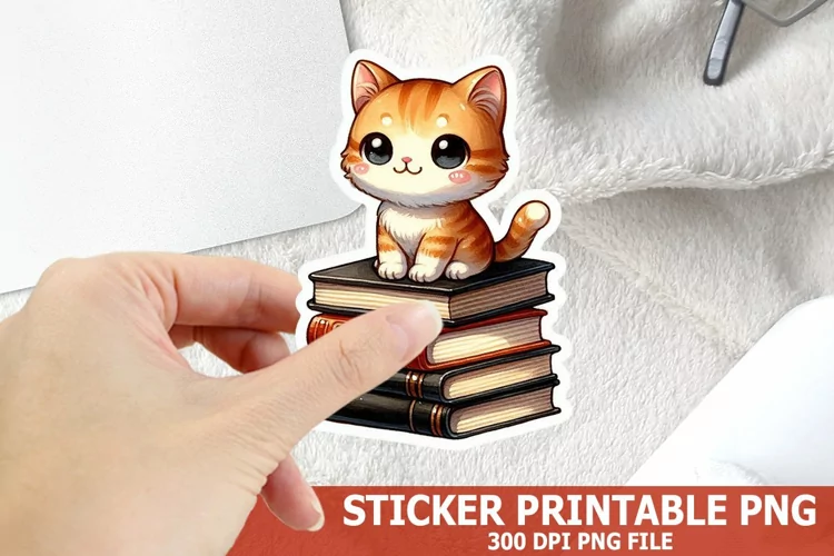 Cute Cat on A Stack of Books Sticker| Books Sticker