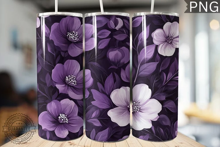 Purple Floral Tumbler Wrap - High Quality 300 Dpi
