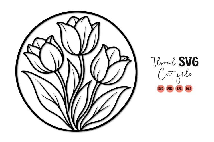 Tulip Flower Circle Line Art SVG PNG