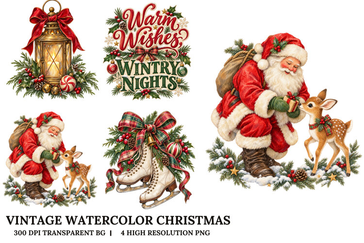 Vintage Christmas Santa Deer Lantern Skating Watercolor PNG example image 1