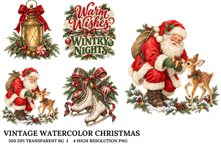 Vintage Christmas Santa Deer Lantern Skating Watercolor PNG