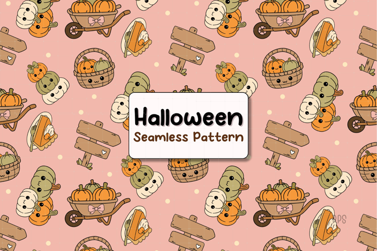 Halloween Seamless Pattern with Kawaii Pumpkin Harvest