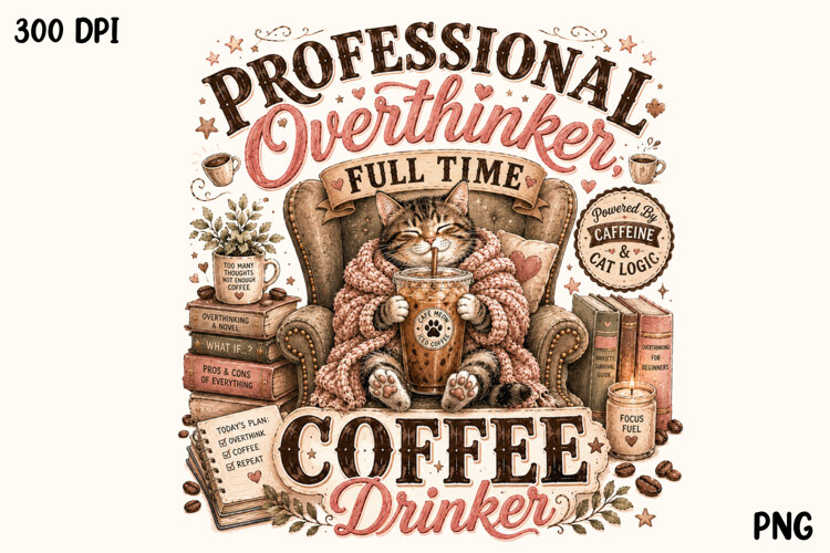 Professional Overthinker Coffee Drinker Cute Cat PNG example image 1