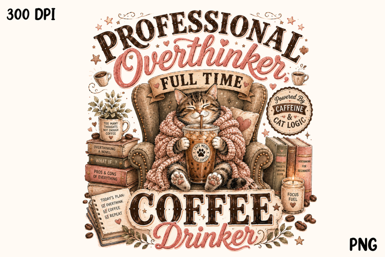 Professional Overthinker Coffee Drinker Cute Cat PNG