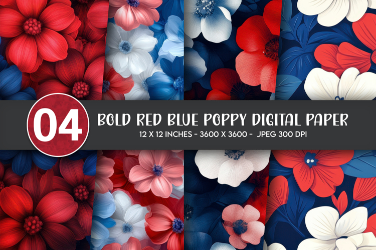 Bold Red Blue Poppy Digital Paper