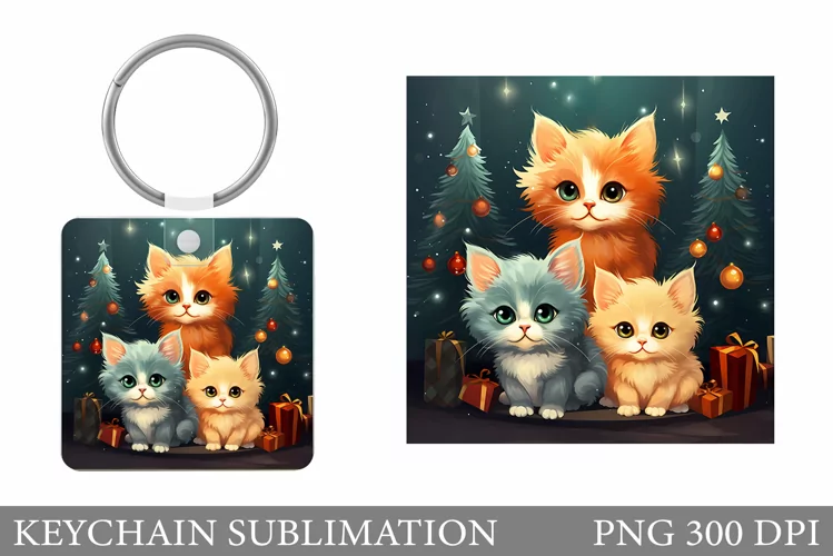 Christmas Cat Keychain. Cute Cat Square Keychain Design