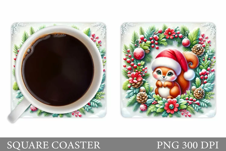 Cute Squirrel Coaster Design. Christmas Coaster Sublimation