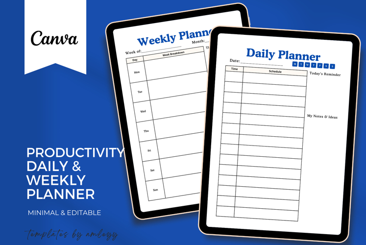 Productivity Weekly & Daily Planner Template Editable Canva
