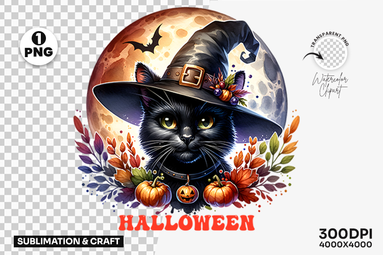 Halloween Black Cat Witch Hat Full Moon Bat Clipart PNG