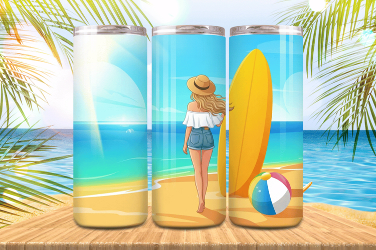 A cute girl in beach with surfboard Tumbler Wrap PNG Sublima
