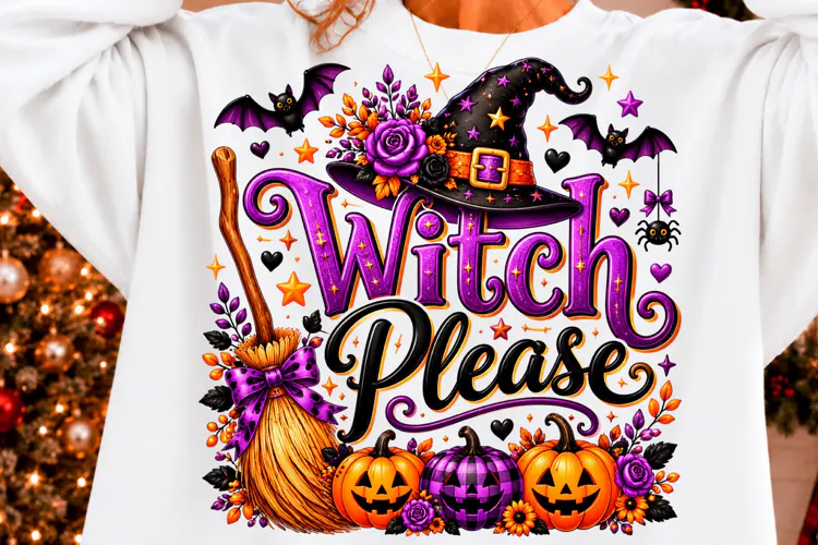 Witch Please Halloween Broom Pumpkin T-Shirt Design