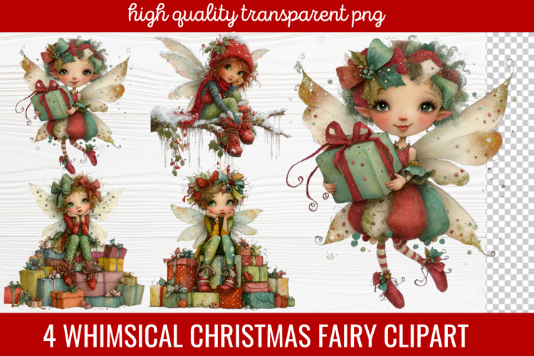 4 Whimsical Christmas Fairy Clipart | Cute Holiday Fairy PNG