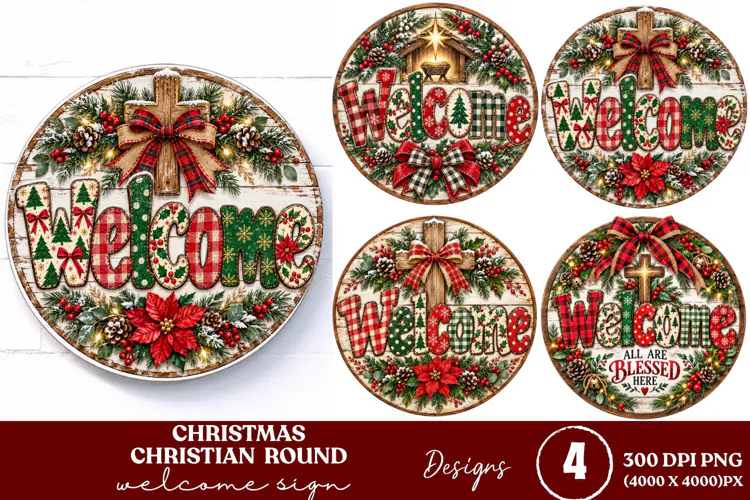 4 Christian Christmas Round Sign PNGs, 4 Jesus Christmas Doo