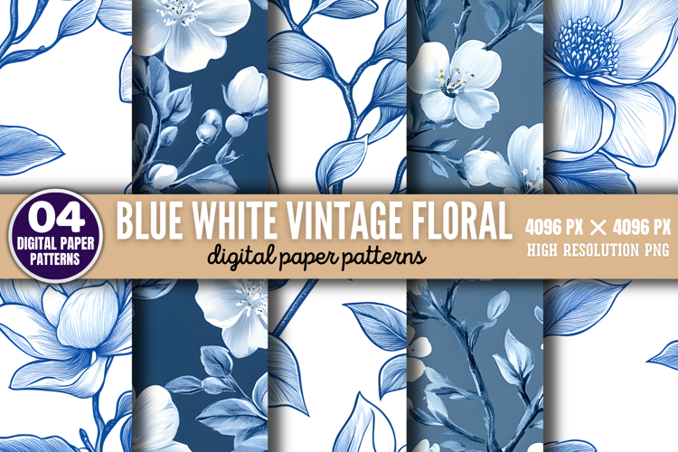 Blue White Vintage Floral Chinoiserie Digital Paper PNG