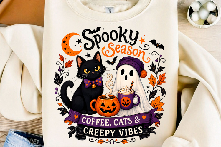 Spooky Season Coffee Cats & Creepy Vibes Halloween PNG