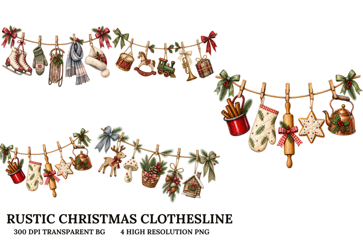 Rustic Christmas Clothesline Vintage Holiday Clipart PNG