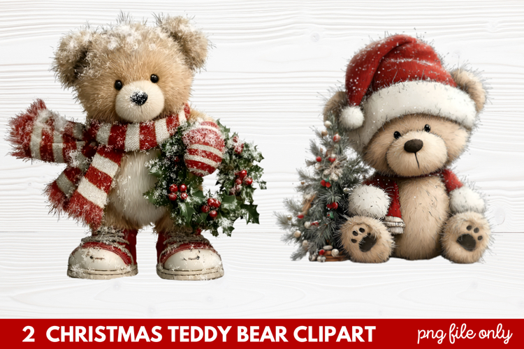 2 Christmas Teddy Bear Clipart | Cute Holiday Bear PNG Illus